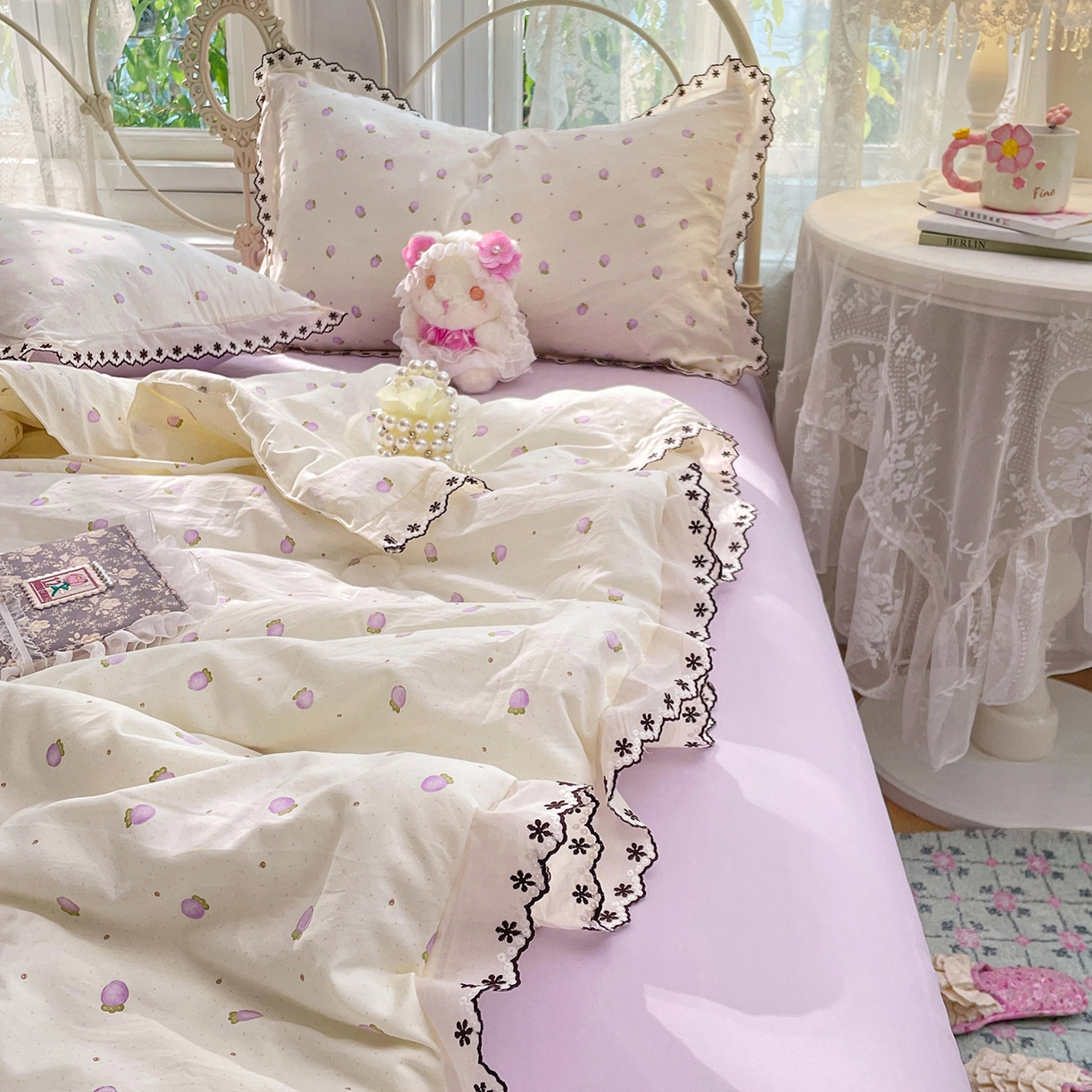 康纳利 2026新款全棉花边夏被古法水洗云感棉空调被夏被四件套 粉紫绮梦