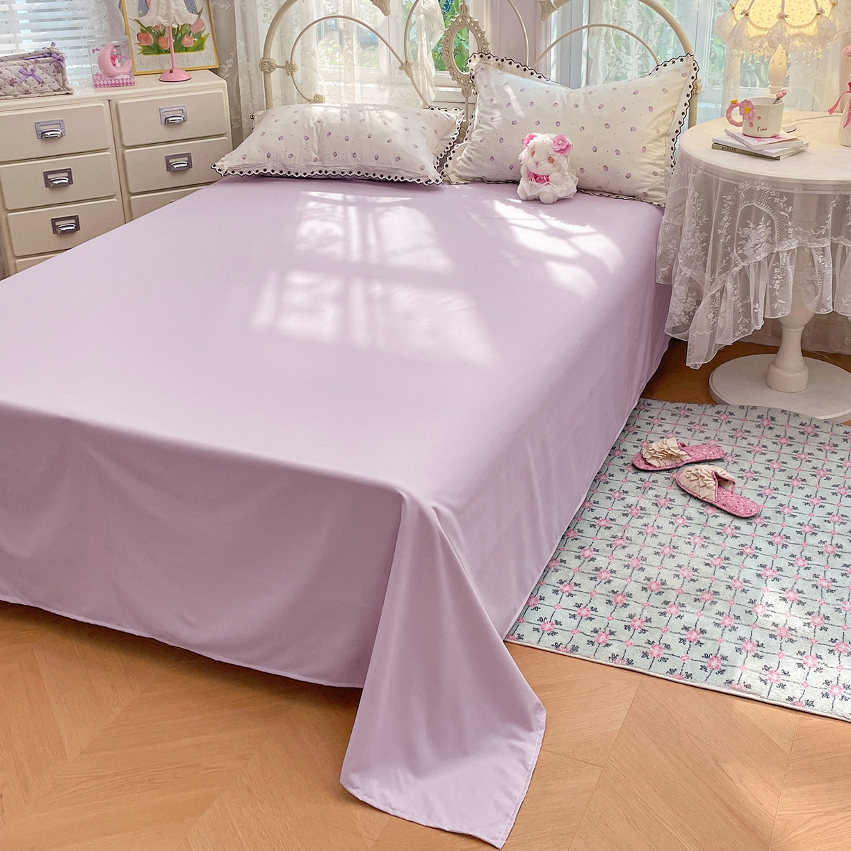 91家纺网 家纺一手货源 找家纺 康纳利 2026新款全棉花边夏被古法水洗云感棉空调被夏被四件套 粉紫绮梦