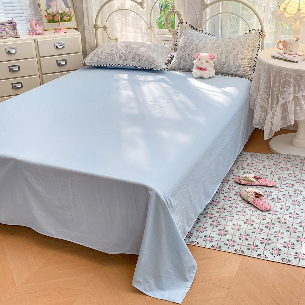 91家纺网 家纺一手货源 找家纺 康纳利 2026新款全棉花边夏被古法水洗云感棉空调被夏被四件套 蕾丝蓝韵