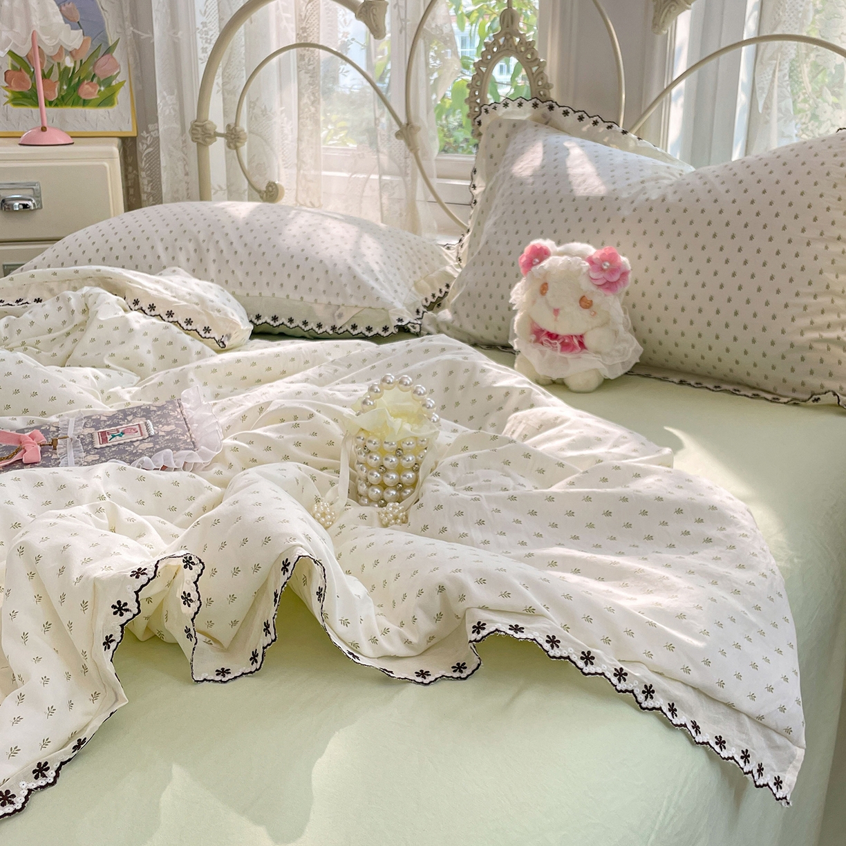 91家纺网 家纺一手货源 找家纺 康纳利 2026新款全棉花边夏被古法水洗云感棉空调被夏被四件套 春芽浅漾