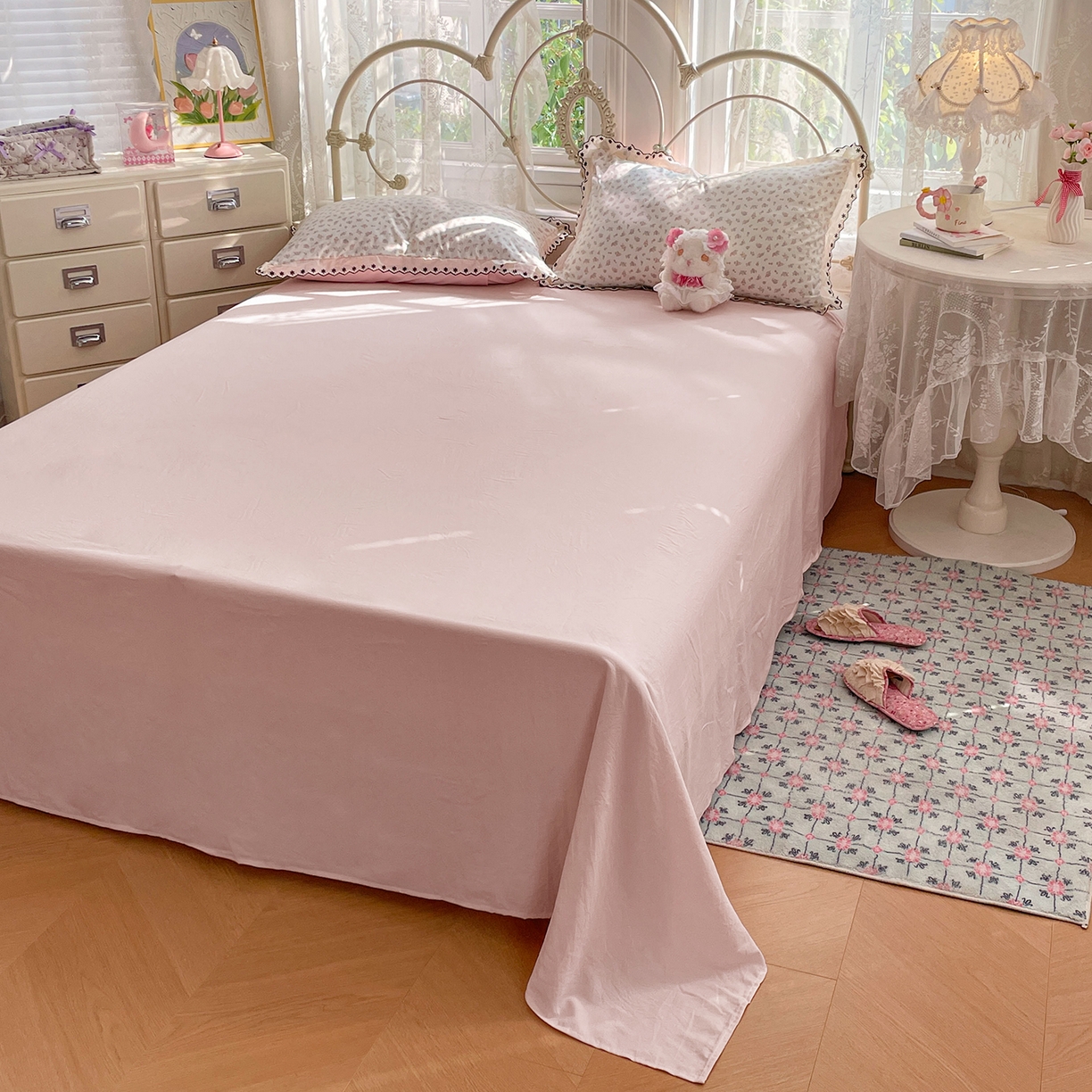 91家纺网 家纺一手货源 找家纺 康纳利 2026新款全棉花边夏被古法水洗云感棉空调被夏被四件套 粉樱漫语