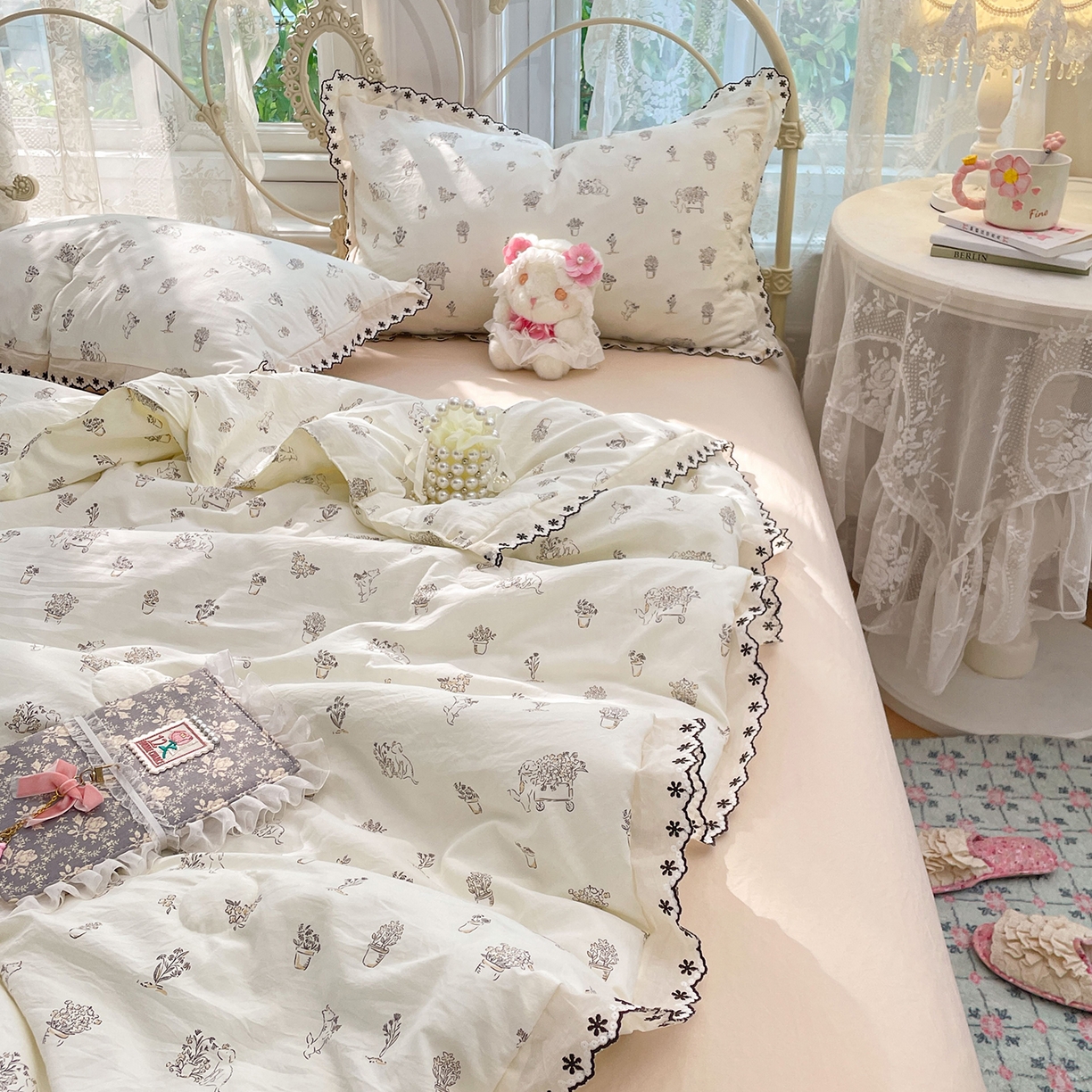 康纳利 2026新款全棉花边夏被古法水洗云感棉空调被夏被四件套 浅草花语