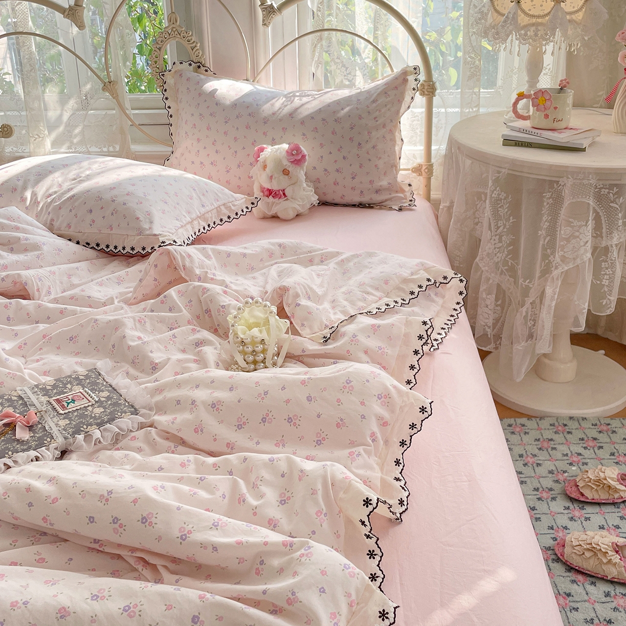 康纳利 2026新款全棉花边夏被古法水洗云感棉空调被夏被四件套 花间浅梦