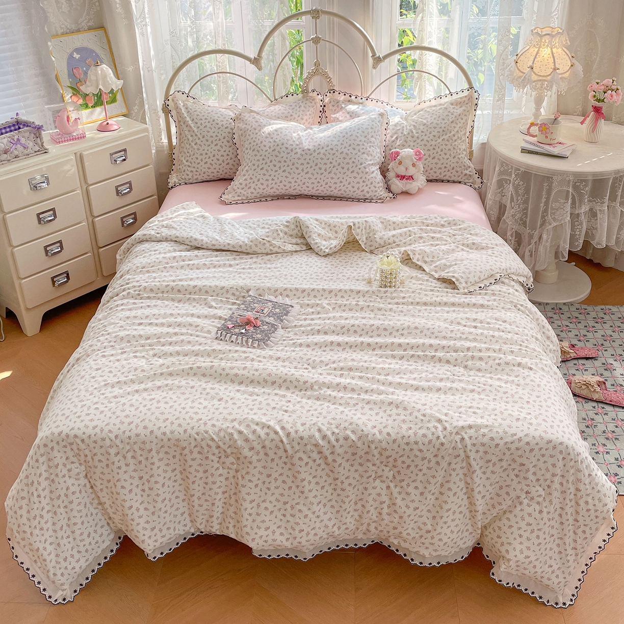 康纳利 2026新款全棉花边夏被古法水洗云感棉空调被夏被四件套 粉樱漫语