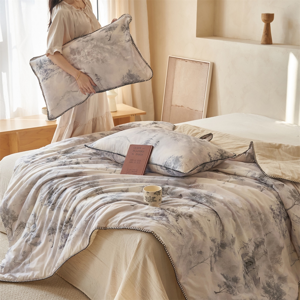 91家纺网 家纺一手货源 找家纺 恬思语家纺 2026春夏新款棉麻印花棉花夏被空调被夏凉被四件套花卉系列 湘南