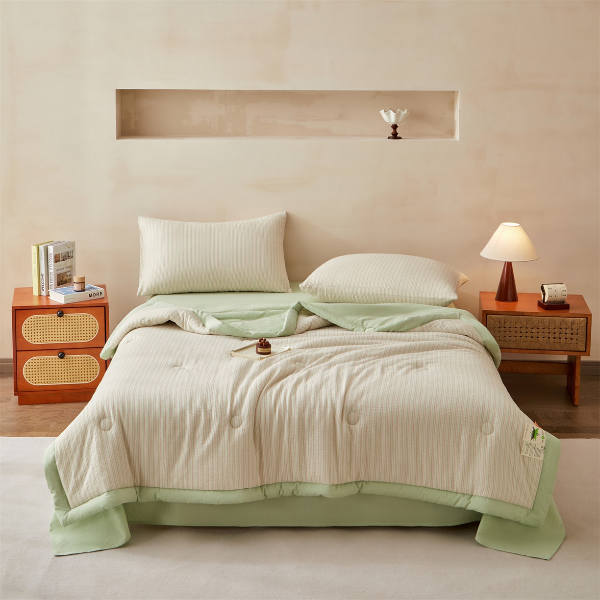 91家纺网 家纺一手货源 找家纺 恬思语家纺 2026春夏新款棉麻竖条大豆夏被夏凉被空调被素锦系列 素锦-绿