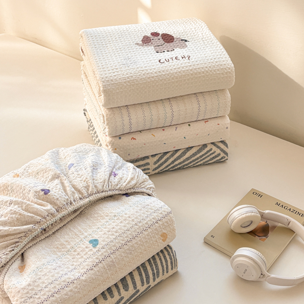 91家纺网 家纺一手货源 找家纺 居眠 2026新款全棉印花华夫格床笠 叠拍