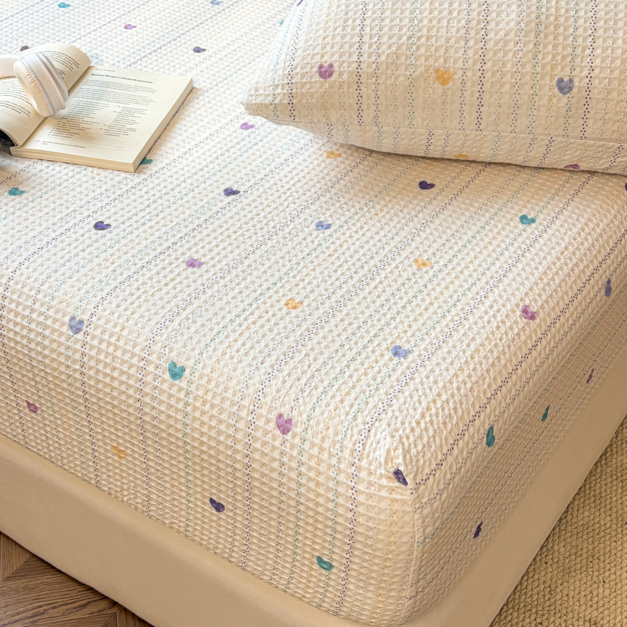 91家纺网 家纺一手货源 找家纺 居眠 2026新款全棉印花华夫格床笠 伊柠