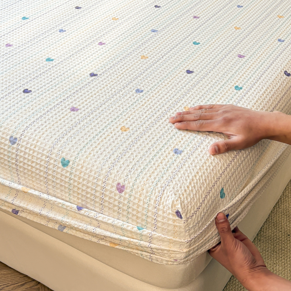 91家纺网 家纺一手货源 找家纺 居眠 2026新款全棉印花华夫格床笠 伊柠