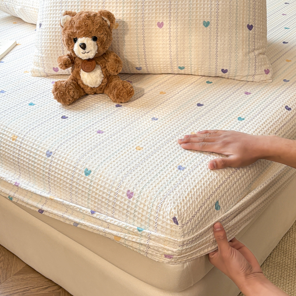 91家纺网 家纺一手货源 找家纺 居眠 2026新款全棉印花华夫格床笠 伊柠