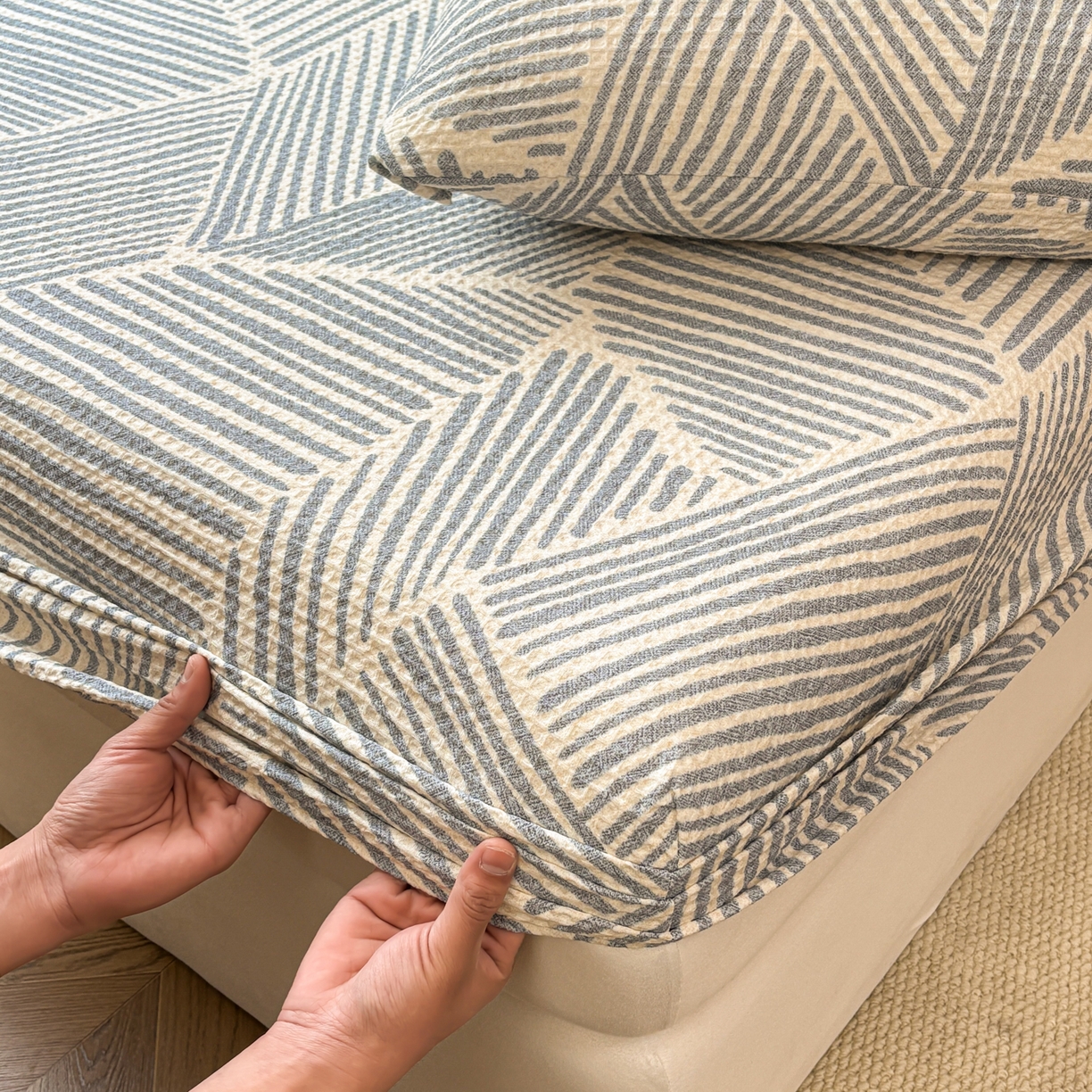 91家纺网 家纺一手货源 找家纺 居眠 2026新款全棉印花华夫格床笠 简森兰