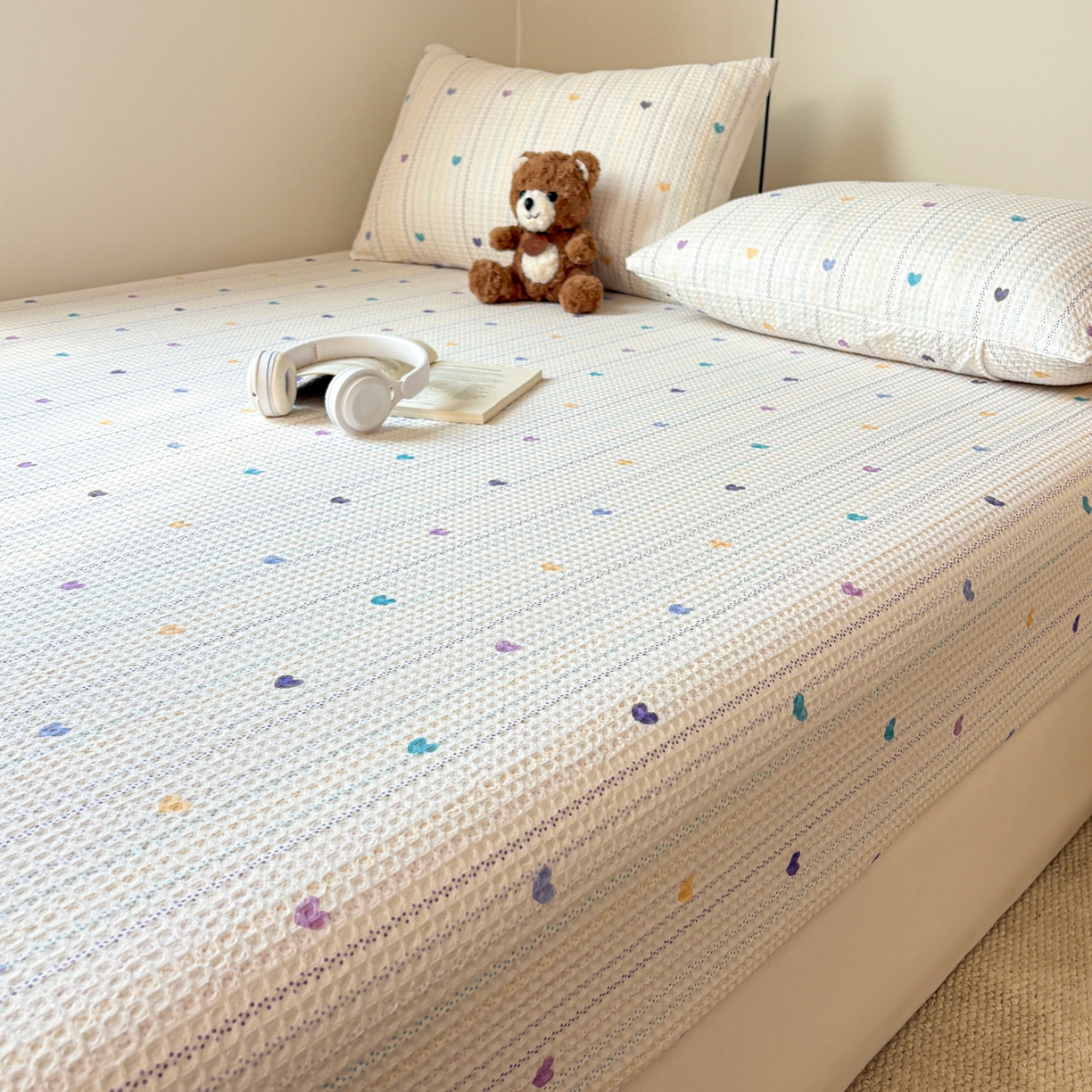 91家纺网 家纺一手货源 找家纺 居眠 2026新款全棉印花华夫格床笠 伊柠