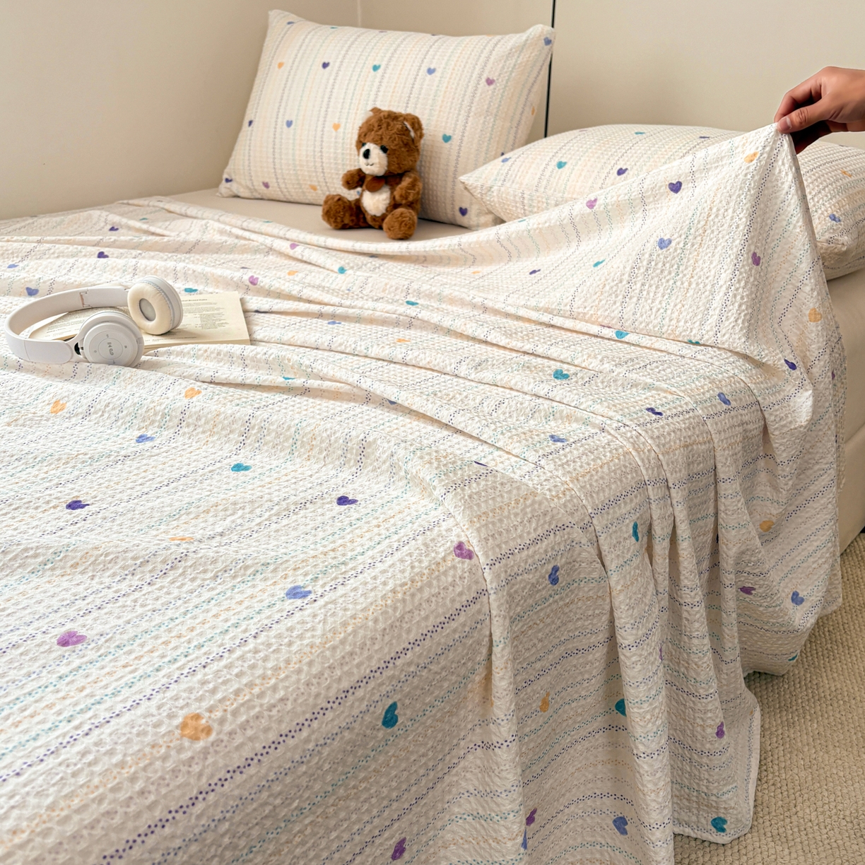 91家纺网 家纺一手货源 找家纺 居眠 2026新款全棉印花华夫格床单 伊柠