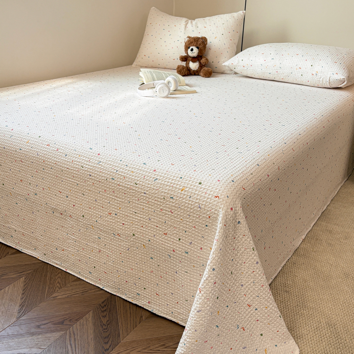 91家纺网 家纺一手货源 找家纺 居眠 2026新款全棉印花华夫格床单 彩带条