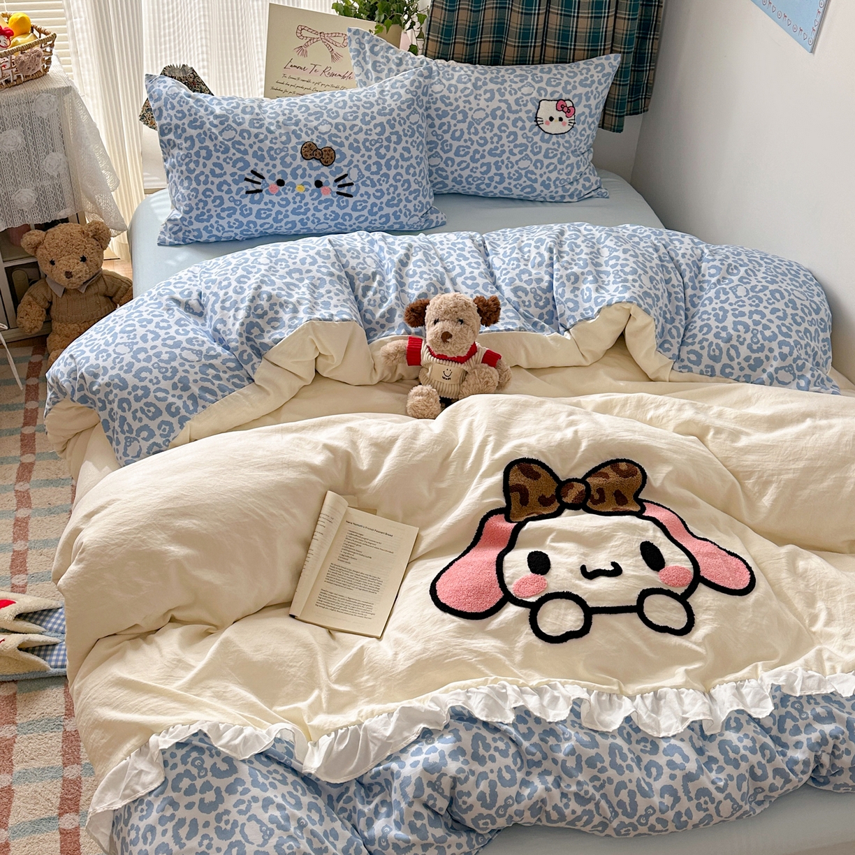 91家纺网 家纺一手货源 找家纺 （总）老K (原美阁） 2026新款荷叶边豹纹KT猫毛巾绣四件套