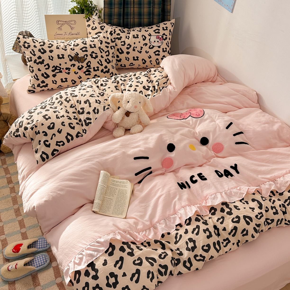 91家纺网 家纺一手货源 找家纺 （总）老K (原美阁） 2026新款荷叶边豹纹KT猫毛巾绣四件套