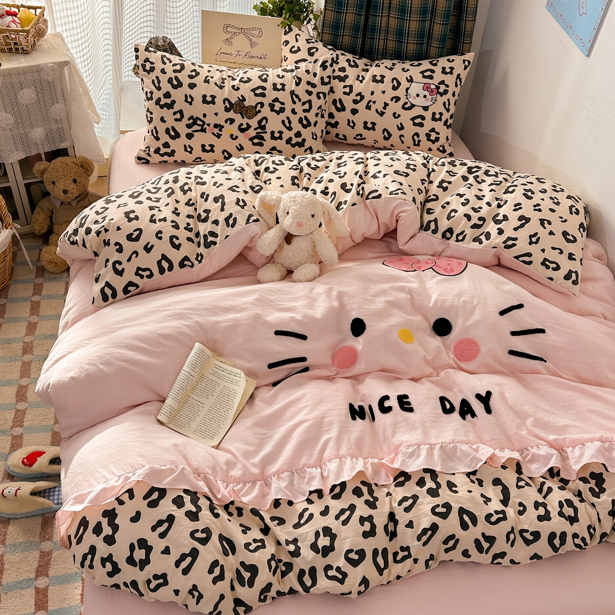 （总）老K (原美阁） 2026新款荷叶边豹纹KT猫毛巾绣四件套