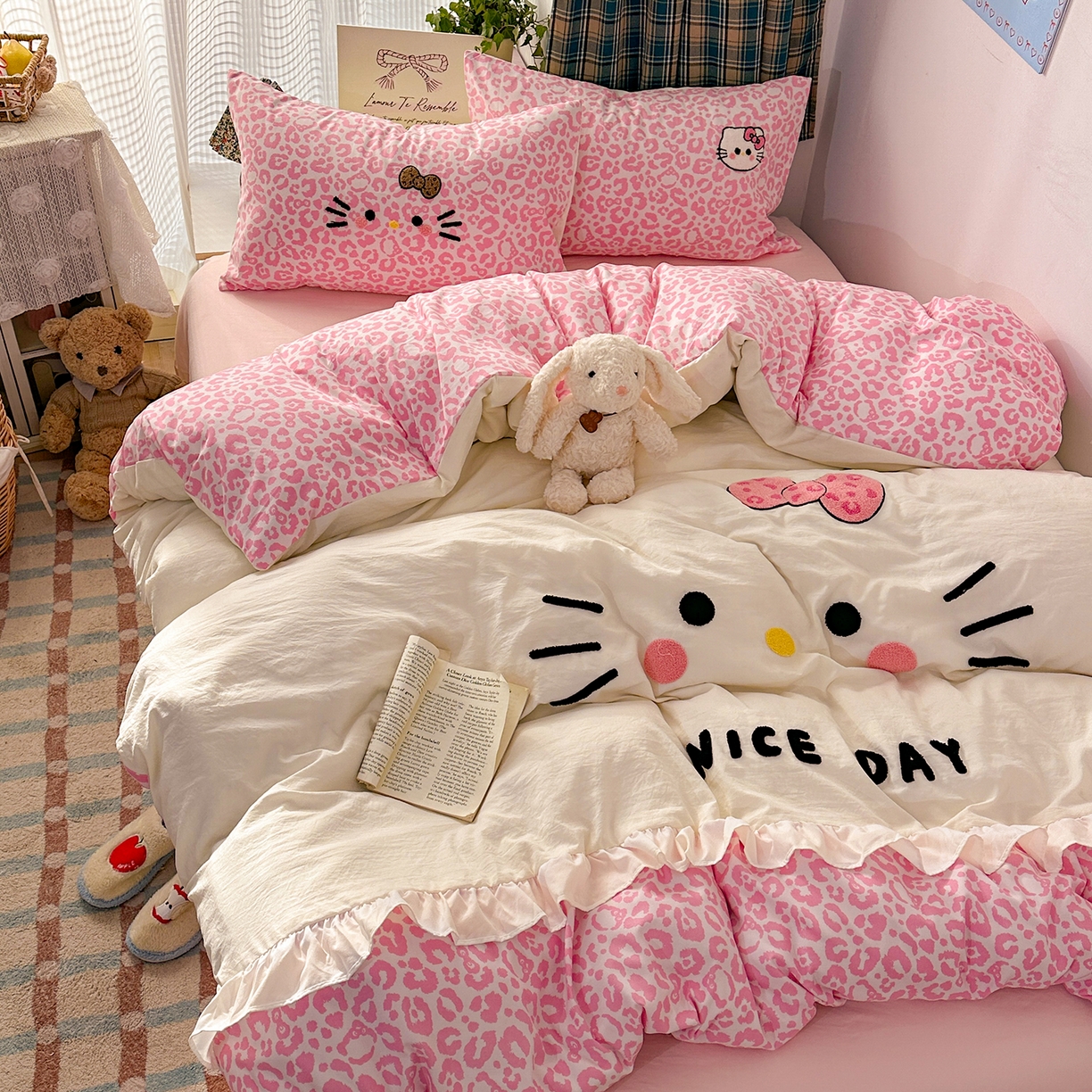 91家纺网 家纺一手货源 找家纺 （总）老K (原美阁） 2026新款荷叶边豹纹KT猫毛巾绣四件套