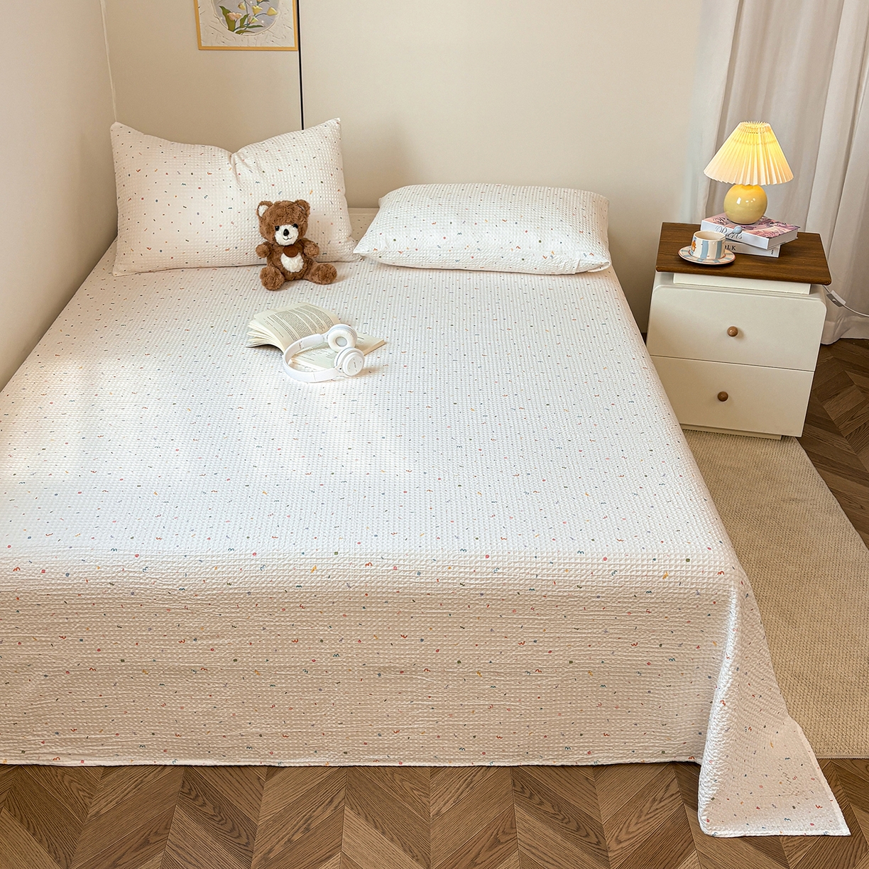 91家纺网 家纺一手货源 找家纺 居眠 2026新款全棉印花华夫格床单 彩带条