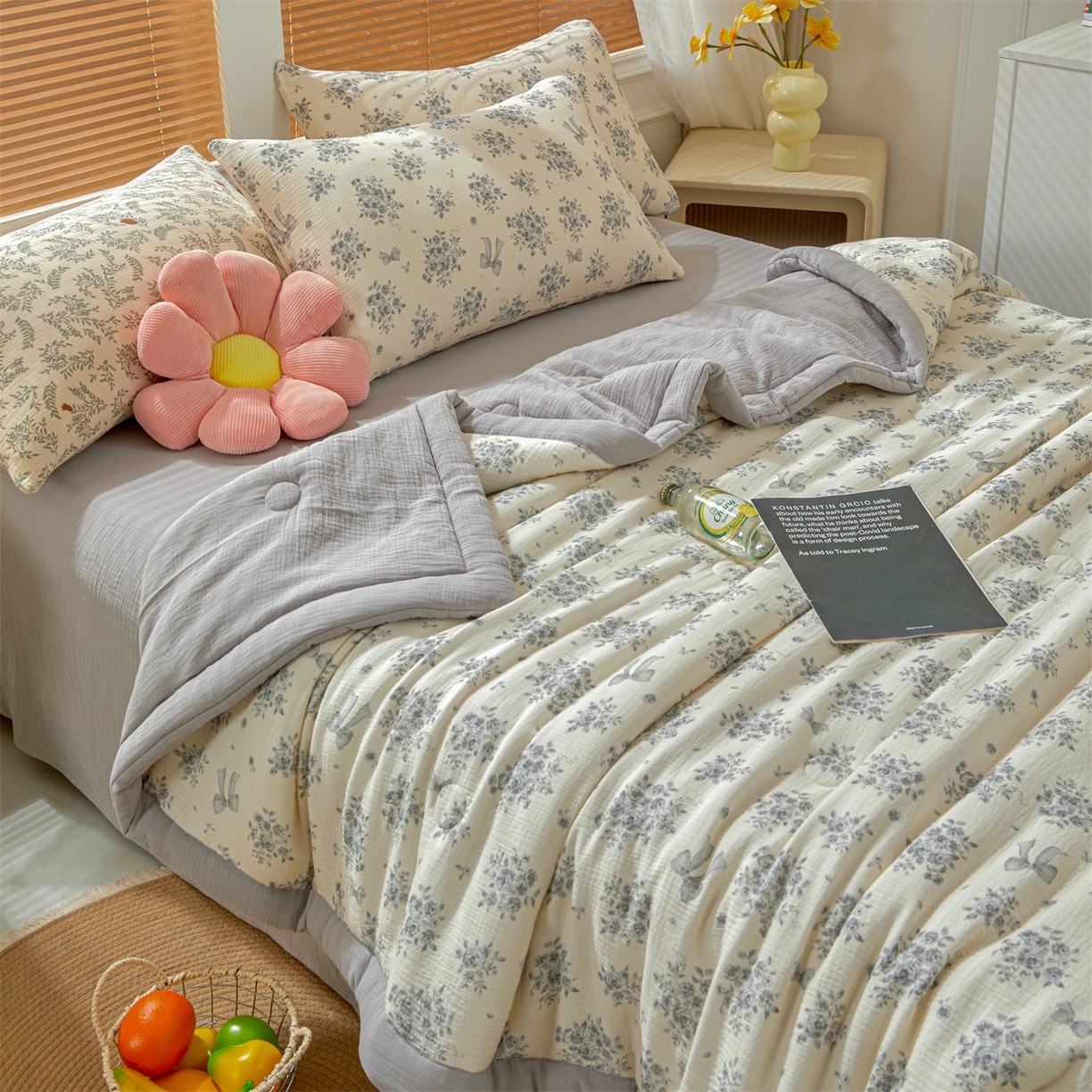 91家纺网 家纺一手货源 找家纺 恬思语家纺 2026春夏新款里外全棉皱皱纱印花棉花夏被夏凉被空调被 醉花语