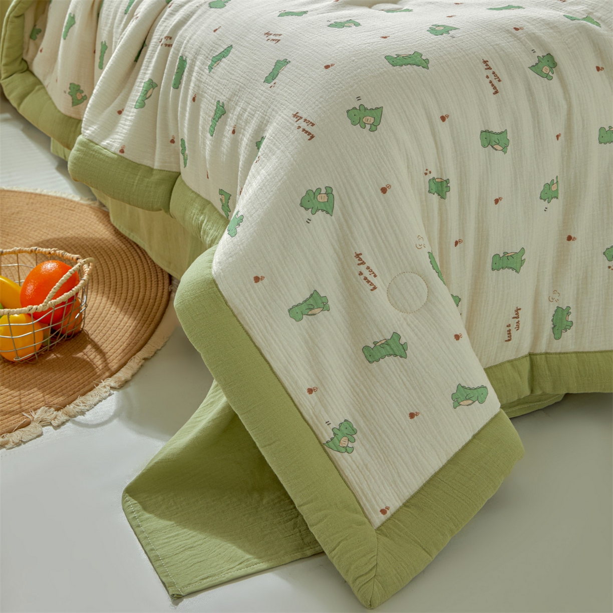 91家纺网 家纺一手货源 找家纺 恬思语家纺 2026春夏新款里外全棉皱皱纱印花棉花夏被夏凉被空调被 恐龙乐园