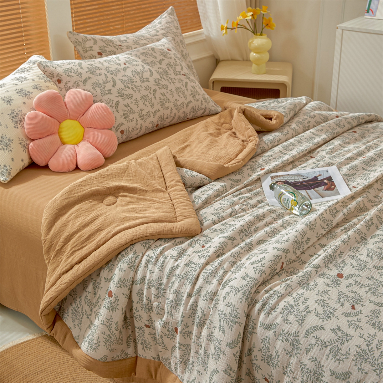 91家纺网 家纺一手货源 找家纺 恬思语家纺 2026春夏新款里外全棉皱皱纱印花棉花夏被夏凉被空调被 甜柚