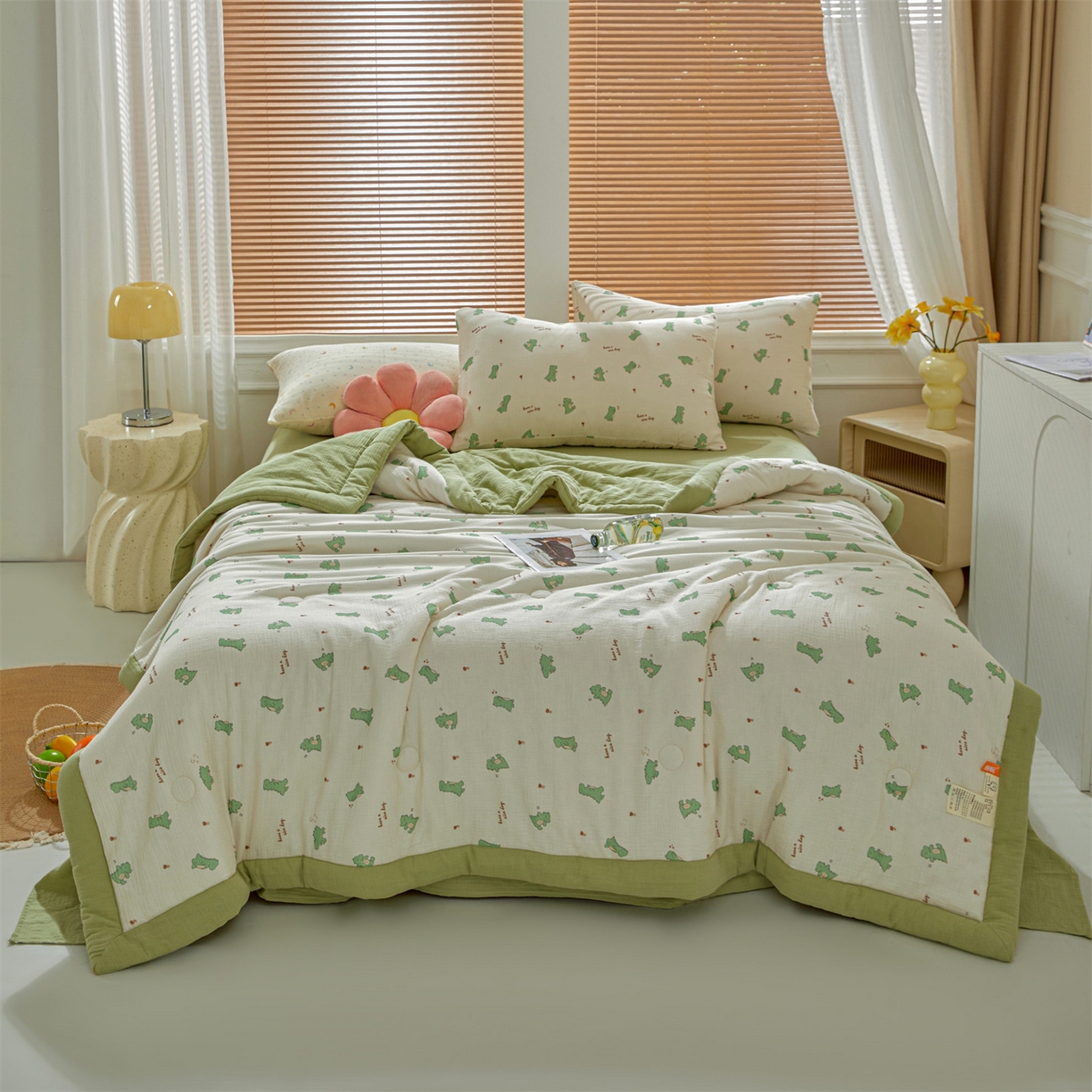 91家纺网 家纺一手货源 找家纺 恬思语家纺 2026春夏新款里外全棉皱皱纱印花棉花夏被夏凉被空调被 恐龙乐园