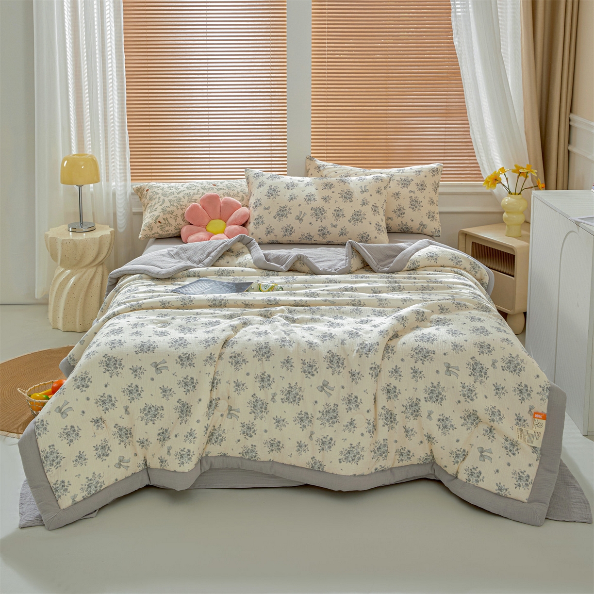 91家纺网 家纺一手货源 找家纺 恬思语家纺 2026春夏新款里外全棉皱皱纱印花棉花夏被夏凉被空调被 醉花语