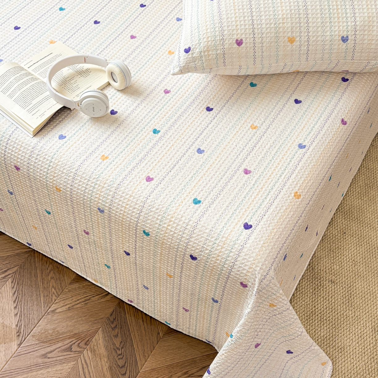 91家纺网 家纺一手货源 找家纺 居眠 2026新款全棉印花华夫格床单 伊柠