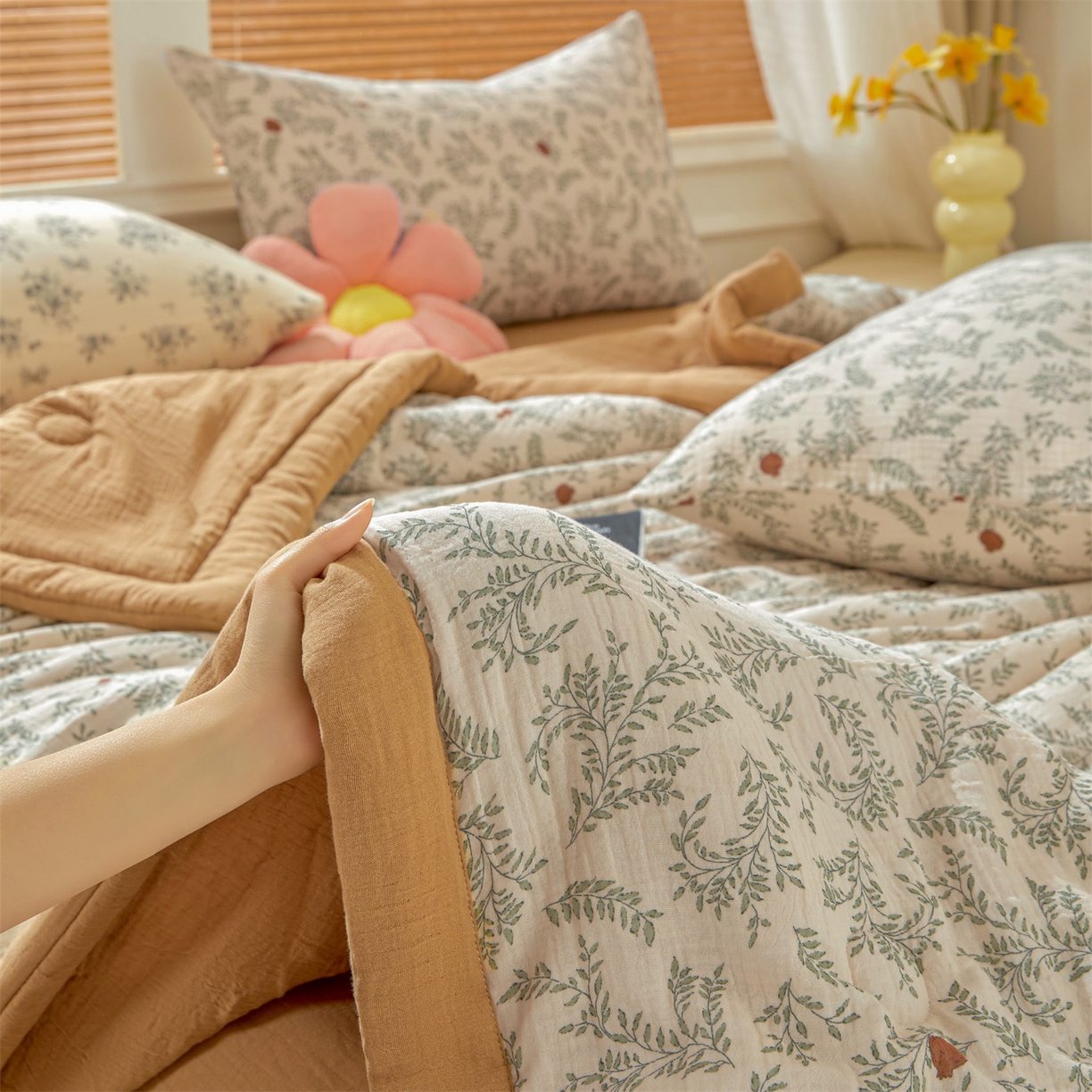 91家纺网 家纺一手货源 找家纺 恬思语家纺 2026春夏新款里外全棉皱皱纱印花棉花夏被夏凉被空调被 甜柚