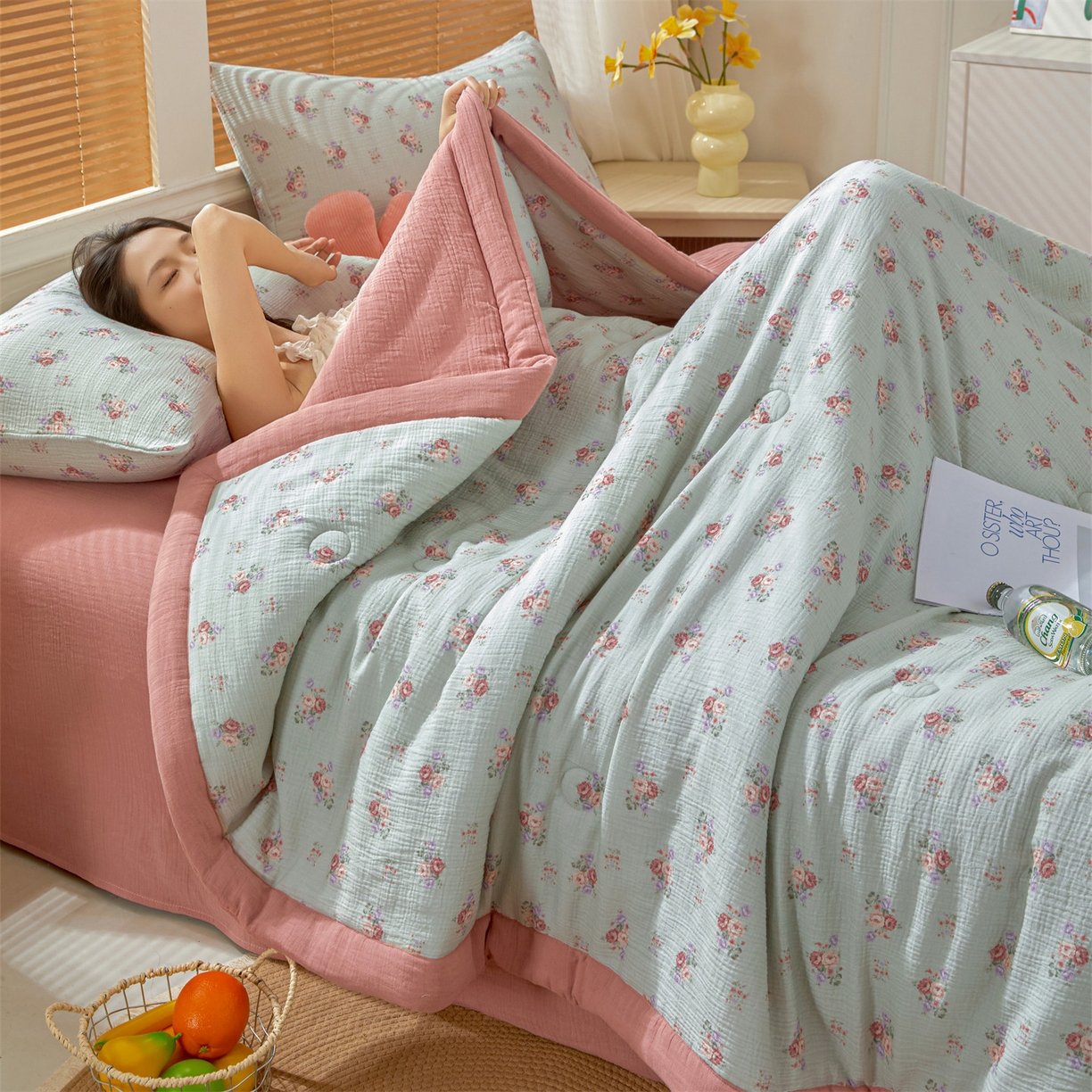 91家纺网 家纺一手货源 找家纺 恬思语家纺 2026春夏新款里外全棉皱皱纱印花棉花夏被夏凉被空调被 醉嫣然