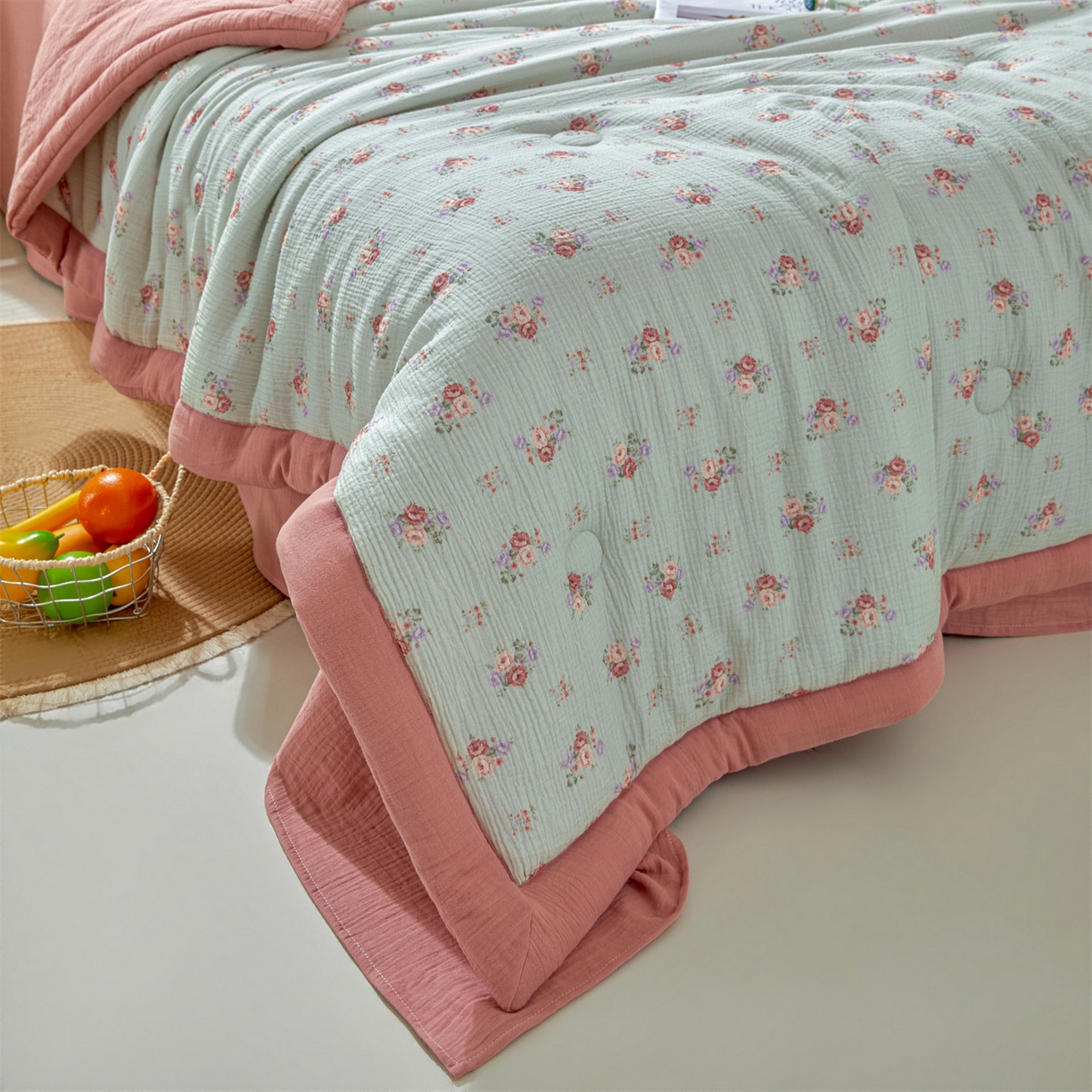 91家纺网 家纺一手货源 找家纺 恬思语家纺 2026春夏新款里外全棉皱皱纱印花棉花夏被夏凉被空调被 醉嫣然