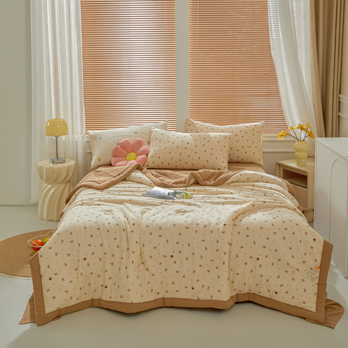 91家纺网 家纺一手货源 找家纺 恬思语家纺 2026春夏新款里外全棉皱皱纱印花棉花夏被夏凉被空调被 同心结