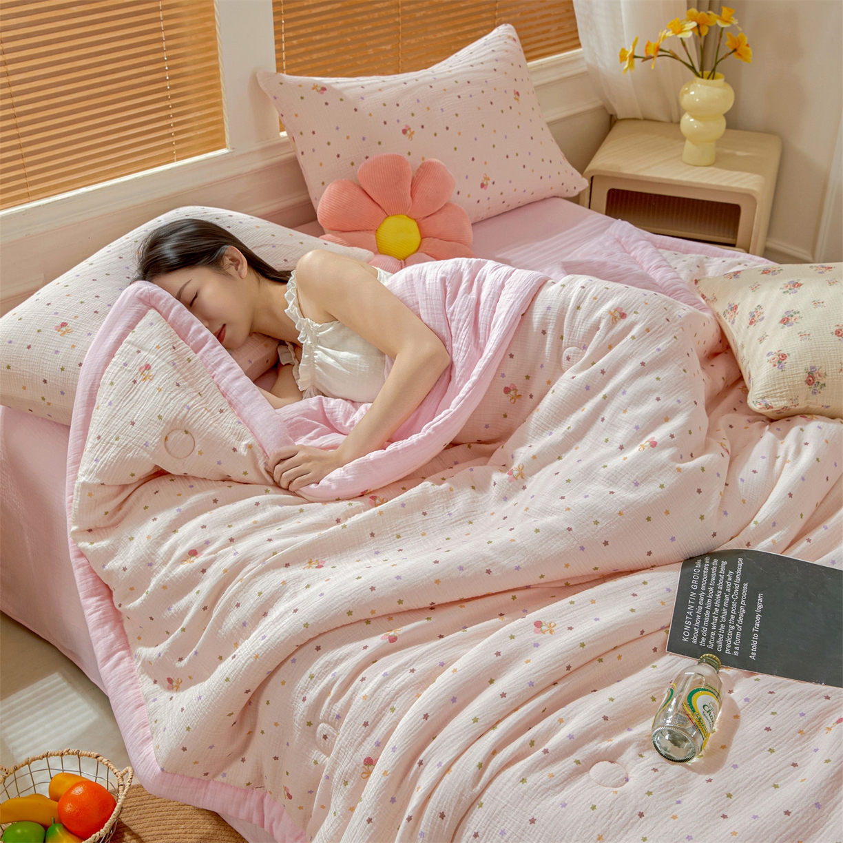 91家纺网 家纺一手货源 找家纺 恬思语家纺 2026春夏新款里外全棉皱皱纱印花棉花夏被夏凉被空调被 粉色星空