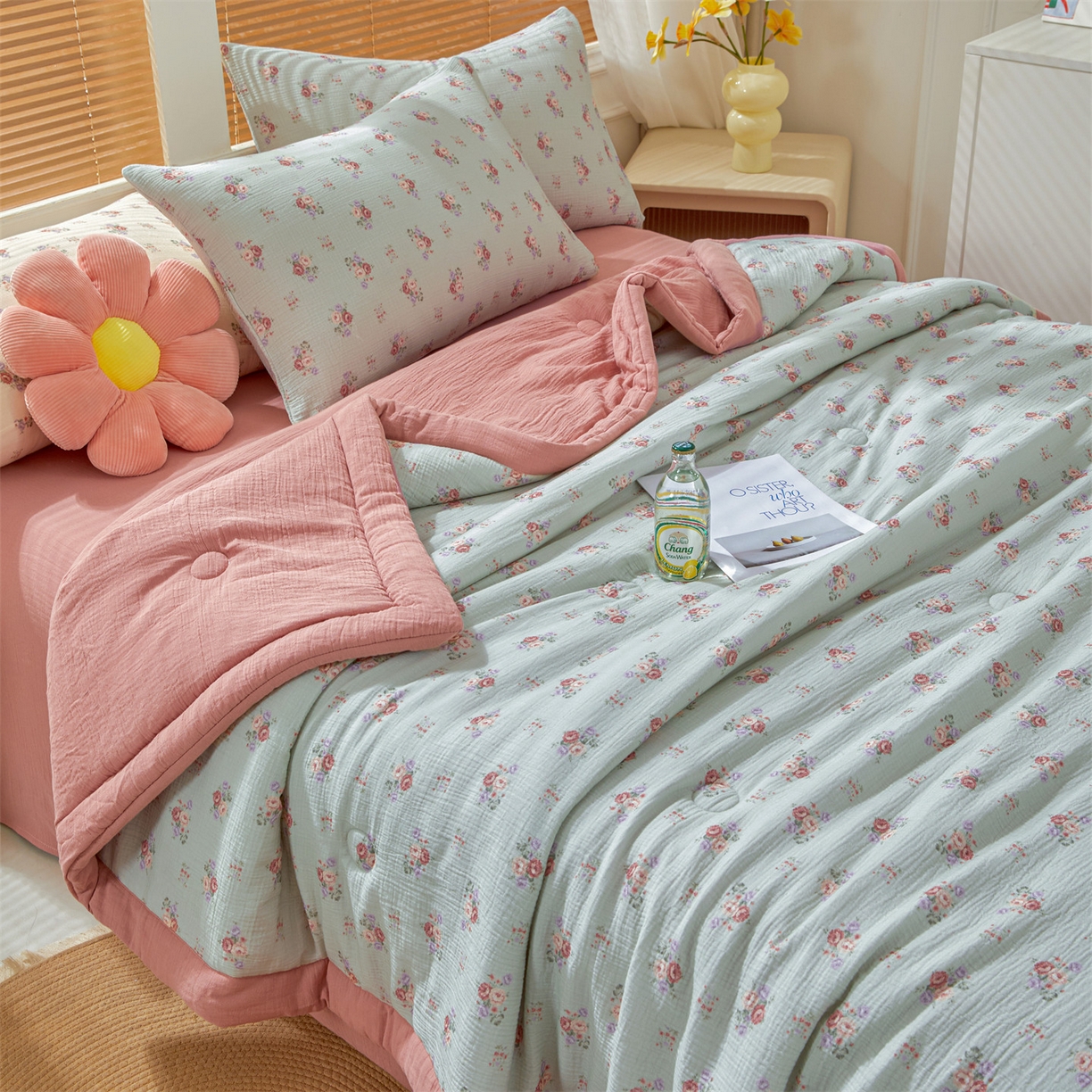 91家纺网 家纺一手货源 找家纺 恬思语家纺 2026春夏新款里外全棉皱皱纱印花棉花夏被夏凉被空调被 醉嫣然