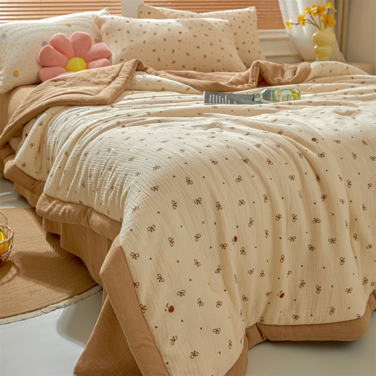 91家纺网 家纺一手货源 找家纺 恬思语家纺 2026春夏新款里外全棉皱皱纱印花棉花夏被夏凉被空调被 同心结