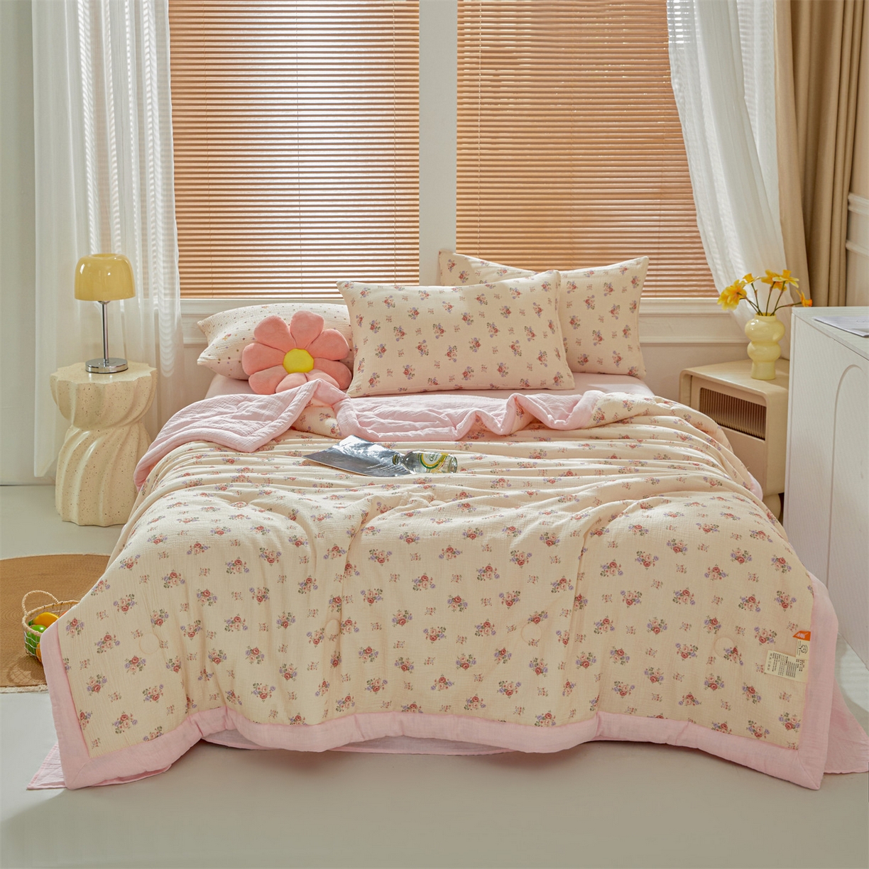 91家纺网 家纺一手货源 找家纺 恬思语家纺 2026春夏新款里外全棉皱皱纱印花棉花夏被夏凉被空调被 花夕粉