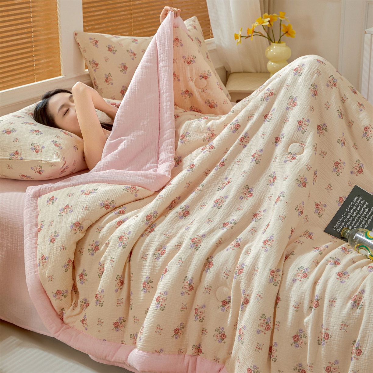 91家纺网 家纺一手货源 找家纺 恬思语家纺 2026春夏新款里外全棉皱皱纱印花棉花夏被夏凉被空调被 花夕粉