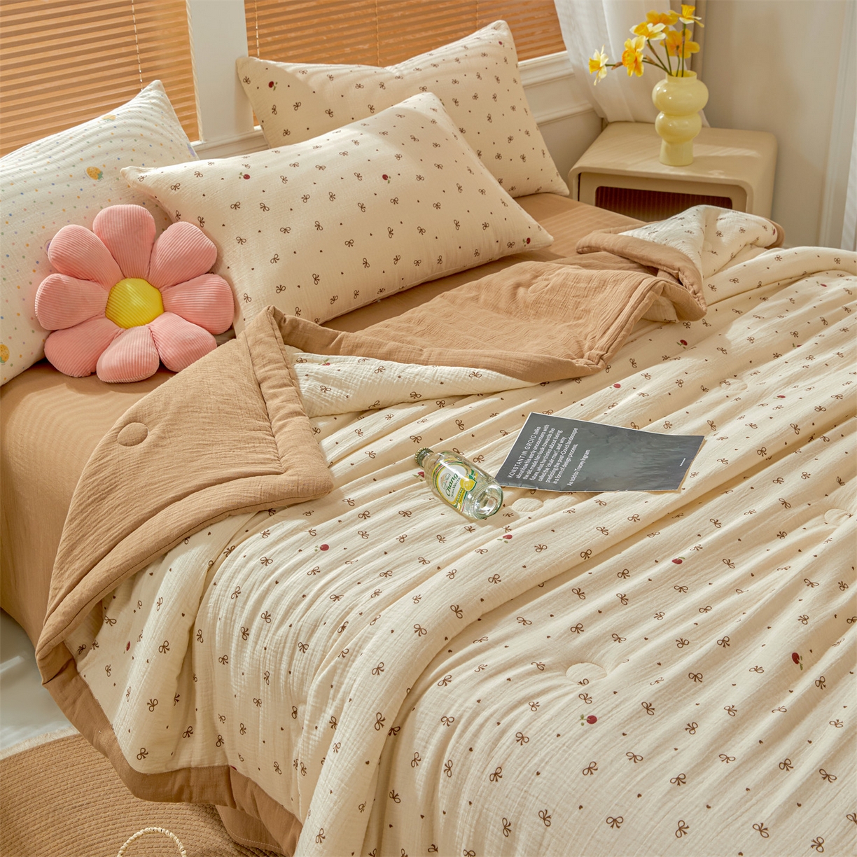 91家纺网 家纺一手货源 找家纺 恬思语家纺 2026春夏新款里外全棉皱皱纱印花棉花夏被夏凉被空调被 同心结