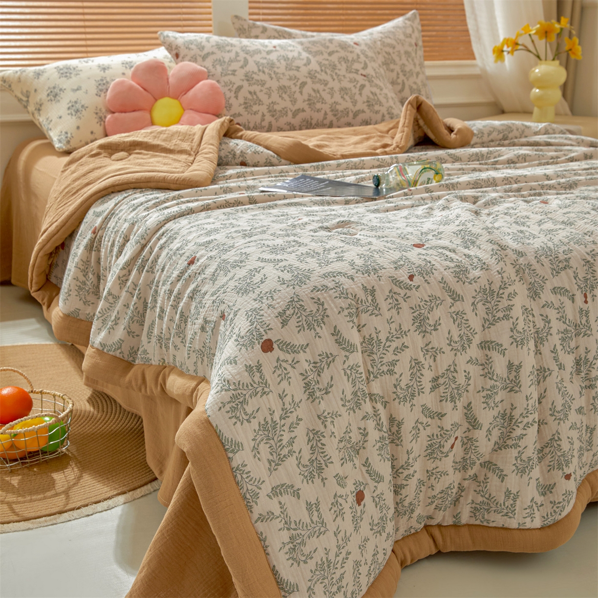 91家纺网 家纺一手货源 找家纺 恬思语家纺 2026春夏新款里外全棉皱皱纱印花棉花夏被夏凉被空调被 甜柚