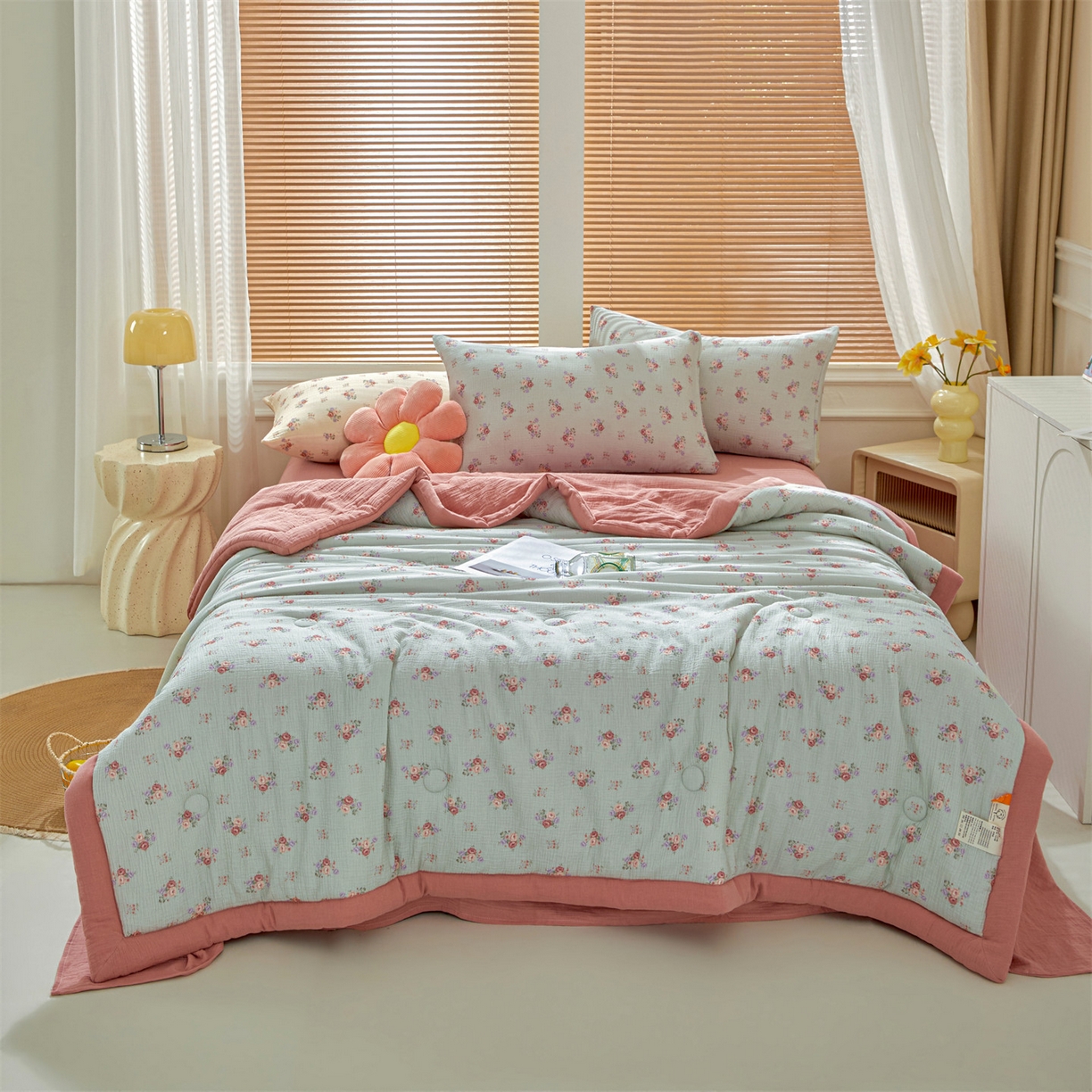 91家纺网 家纺一手货源 找家纺 恬思语家纺 2026春夏新款里外全棉皱皱纱印花棉花夏被夏凉被空调被 醉嫣然