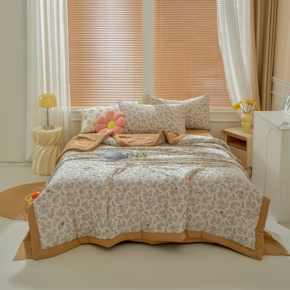 91家纺网 家纺一手货源 找家纺 恬思语家纺 2026春夏新款里外全棉皱皱纱印花棉花夏被夏凉被空调被 甜柚