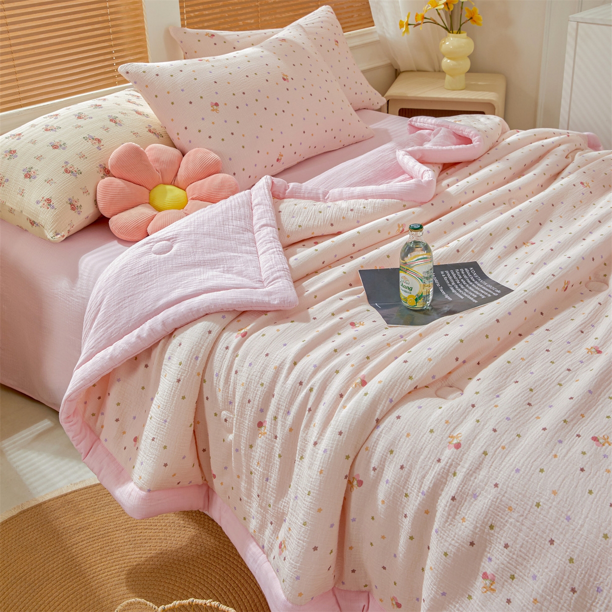 91家纺网 家纺一手货源 找家纺 恬思语家纺 2026春夏新款里外全棉皱皱纱印花棉花夏被夏凉被空调被 粉色星空