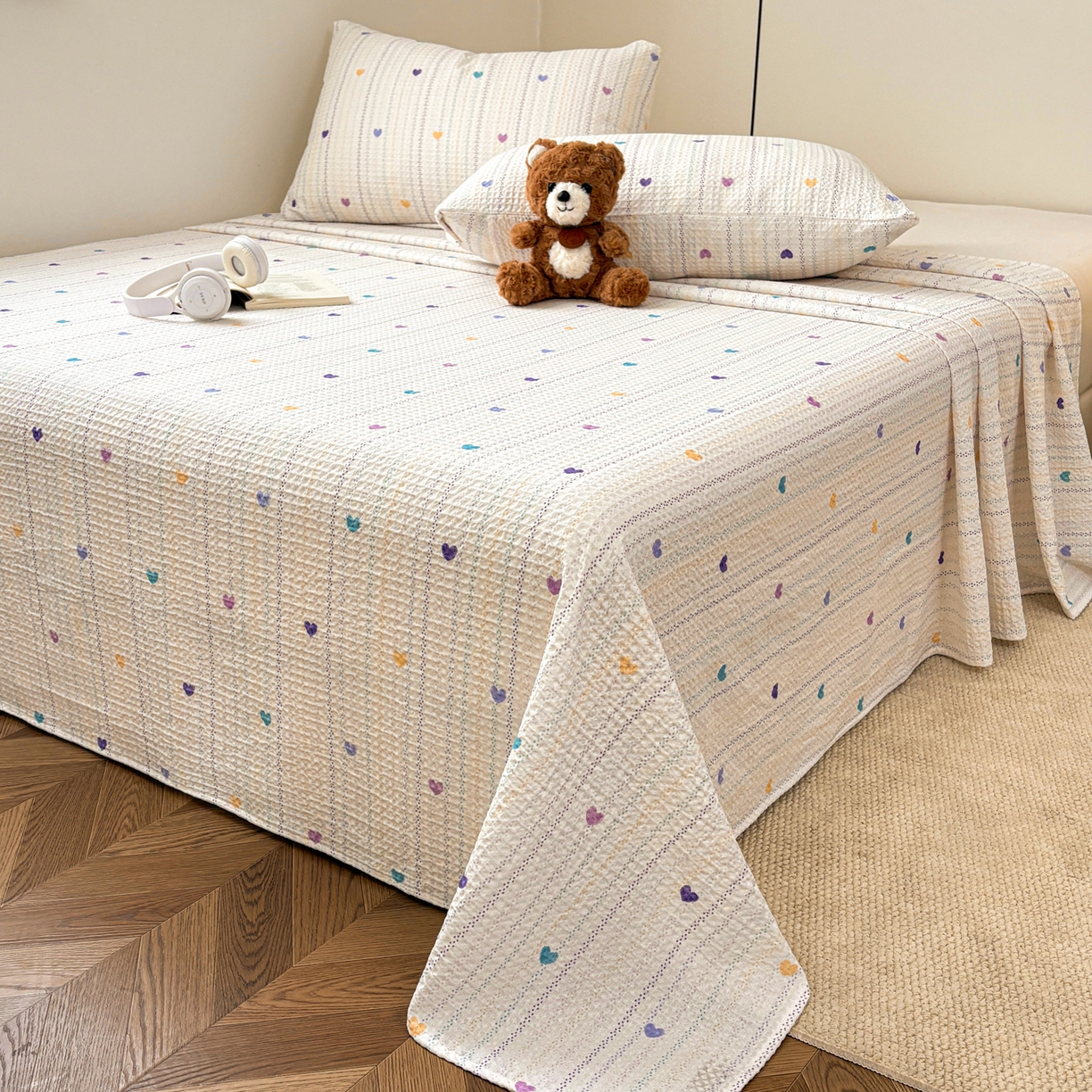 91家纺网 家纺一手货源 找家纺 居眠 2026新款全棉印花华夫格床单 伊柠