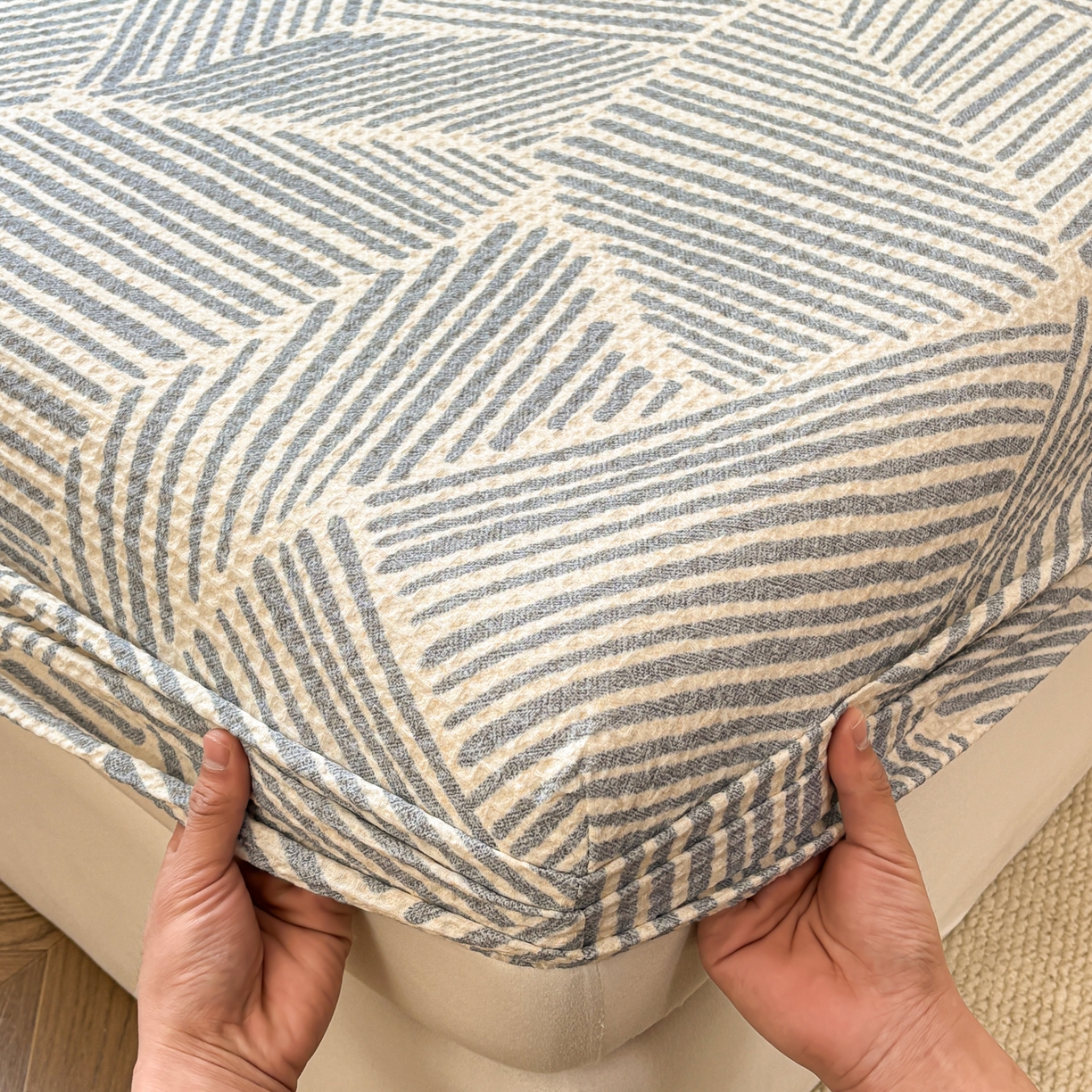 91家纺网 家纺一手货源 找家纺 居眠 2026新款全棉印花华夫格床笠 简森兰