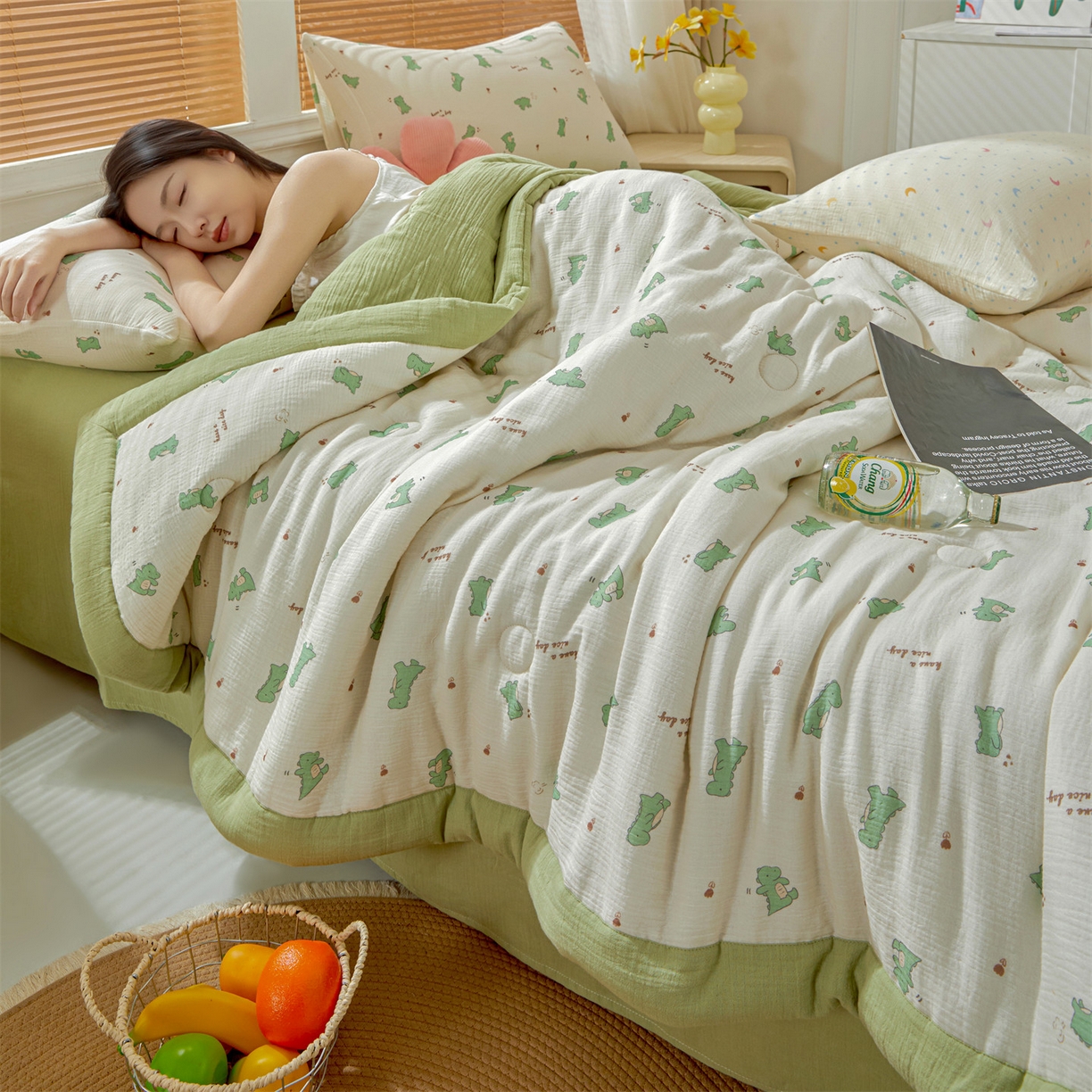 91家纺网 家纺一手货源 找家纺 恬思语家纺 2026春夏新款里外全棉皱皱纱印花棉花夏被夏凉被空调被 恐龙乐园