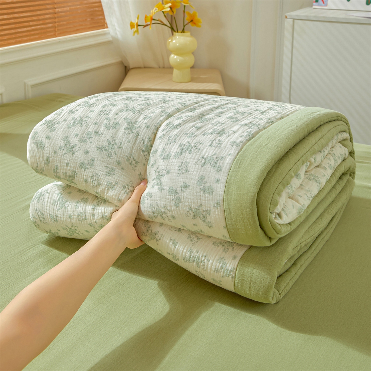91家纺网 家纺一手货源 找家纺 恬思语家纺 2026春夏新款里外全棉皱皱纱印花棉花夏被夏凉被空调被 林兮