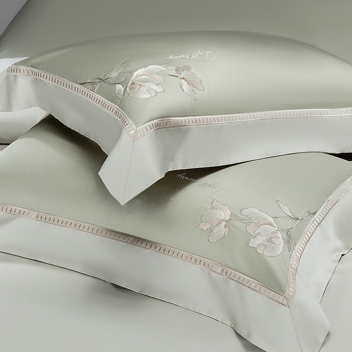 91家纺网 家纺一手货源 找家纺 诗黛尔家纺 2026春夏新款长绒棉刺绣四件套 叶澜居系列 叶澜居-油果绿