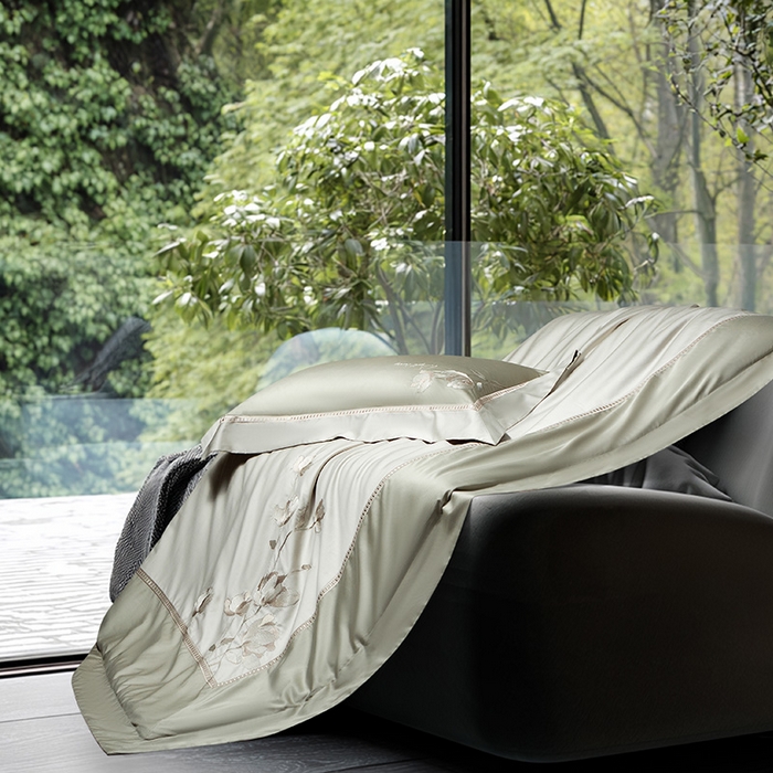 91家纺网 家纺一手货源 找家纺 诗黛尔家纺 2026春夏新款长绒棉刺绣四件套 叶澜居系列 叶澜居-油果绿