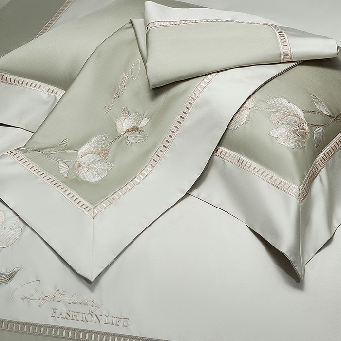 91家纺网 家纺一手货源 找家纺 诗黛尔家纺 2026春夏新款长绒棉刺绣四件套 叶澜居系列 叶澜居-油果绿